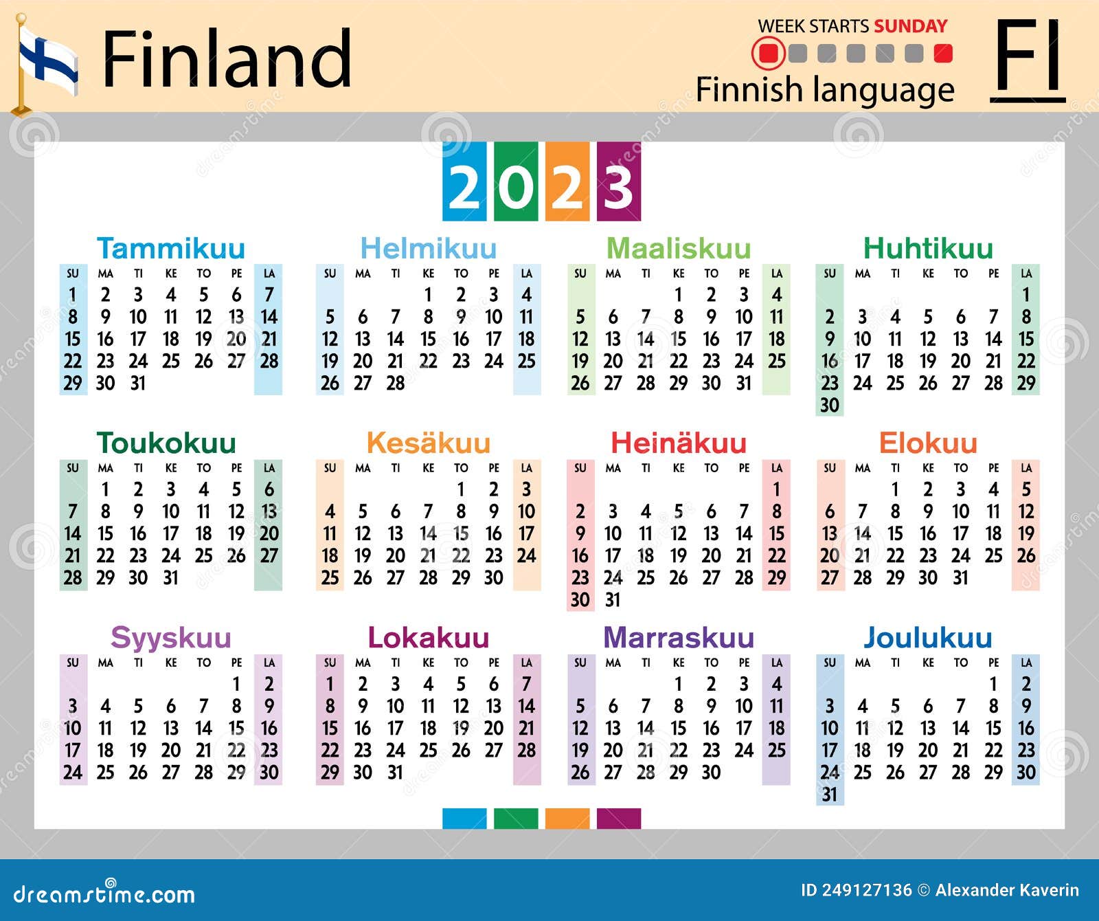 Finnish Horizontal Pocket Calendar for 2023. Week Starts Sunday Stock