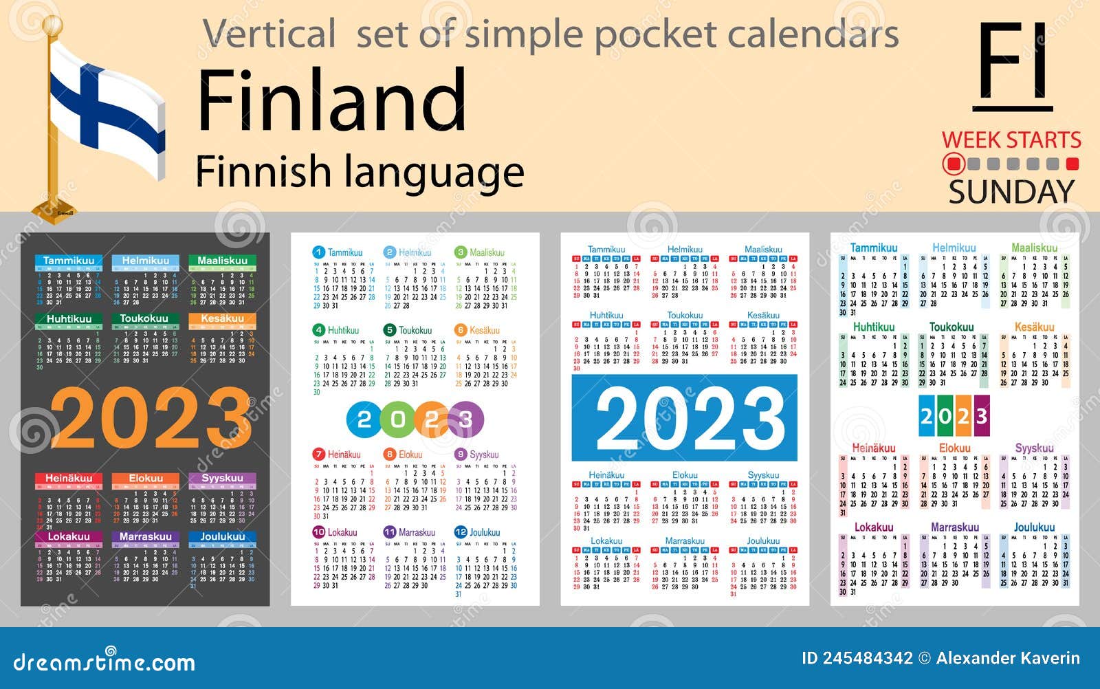 Finnish Vertical Pocket Calendar for 2023. Week Starts Sunday Stock