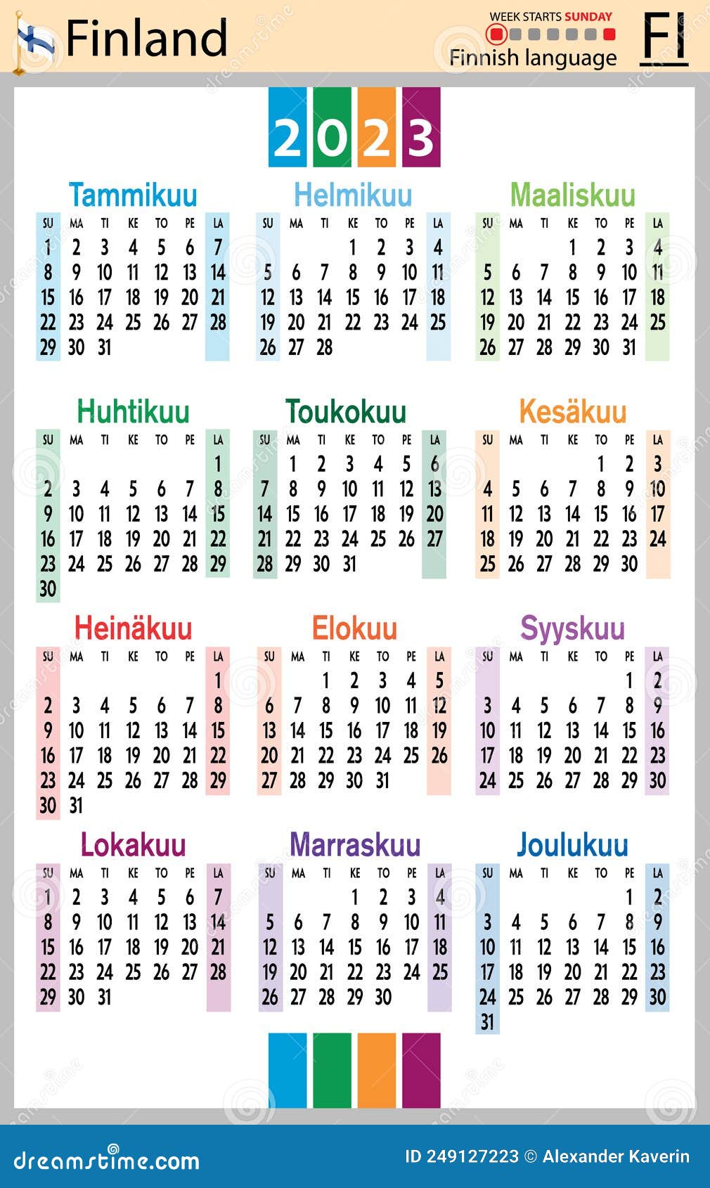 Finnish Vertical Pocket Calendar For 2022. Week Starts Sunday Cartoon