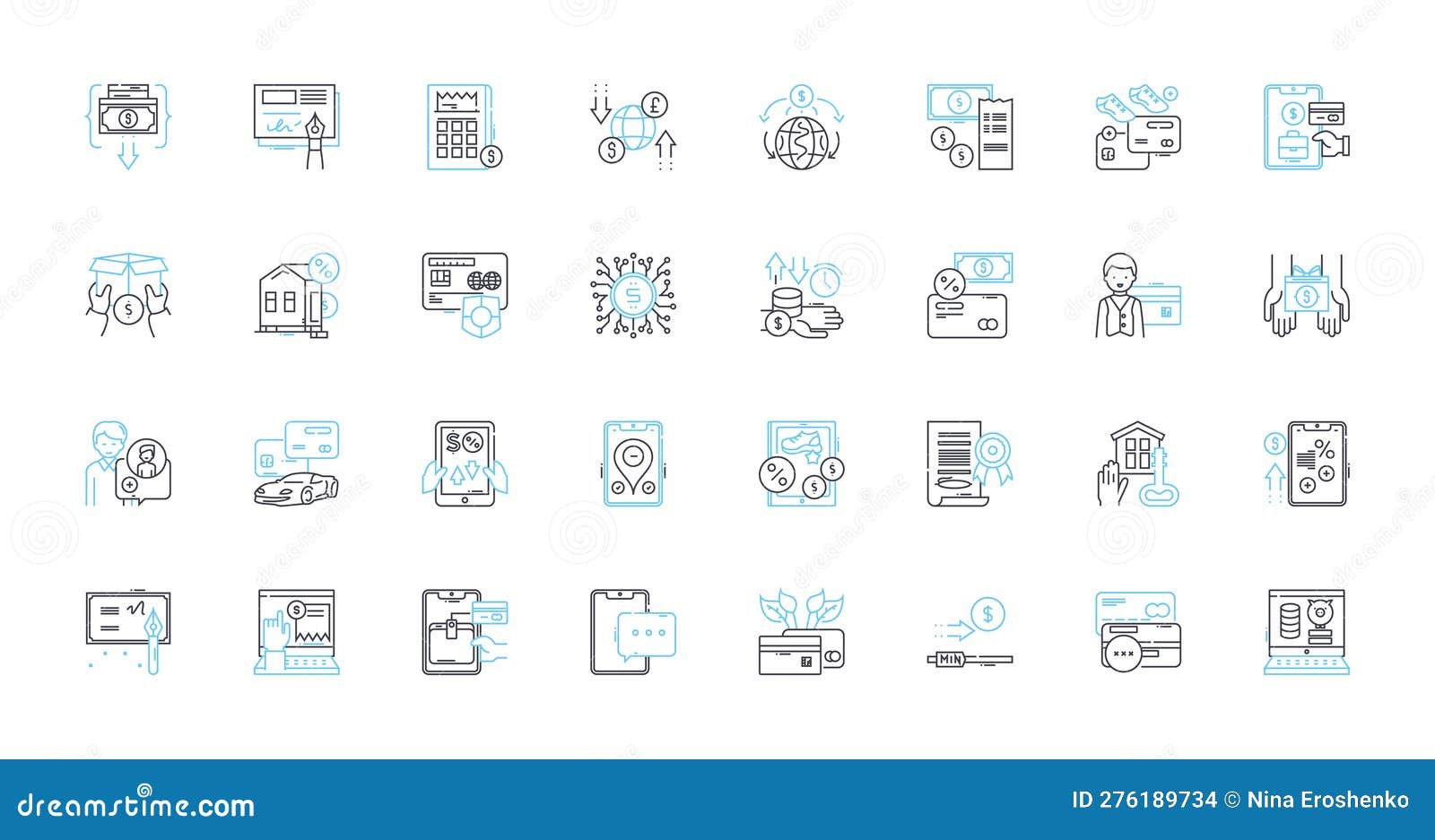 fintech linear icons set. cryptocurrency, blockchain, payments, insurtech, lending, robo-advisors, crowdfunding line