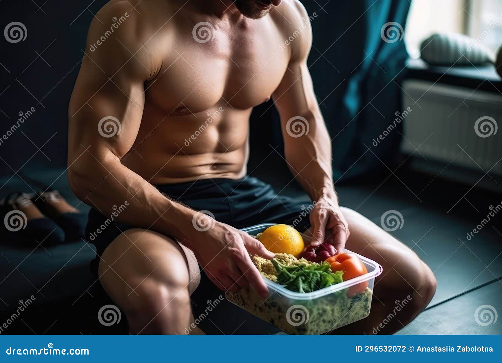 fintech man in gym shorts sits with lunch box of healthy food, top view, closeup. generative ai