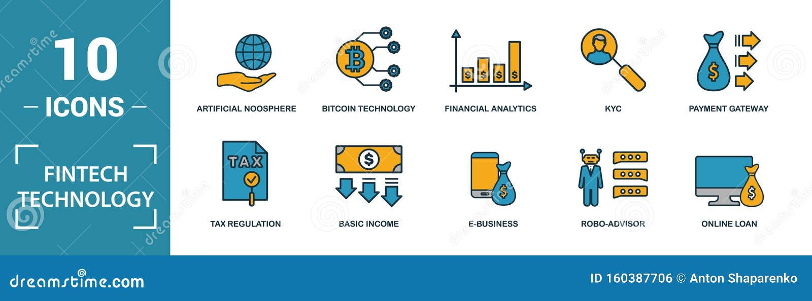 fintech technology icon set. include creative s basic income, bitcoin technology, online loan, kyc, business model icons.
