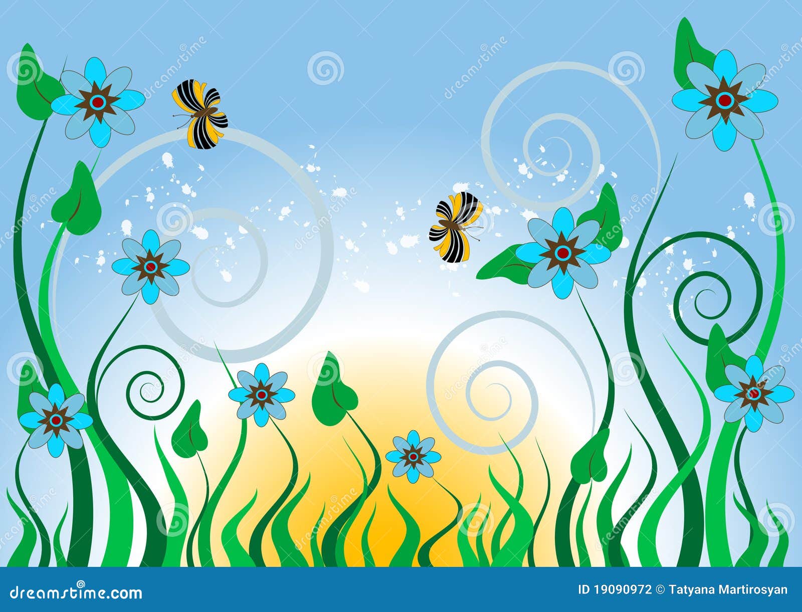 Fiori E Farfalle Blu. Background.Wallpaper. Illustrazione Vettoriale