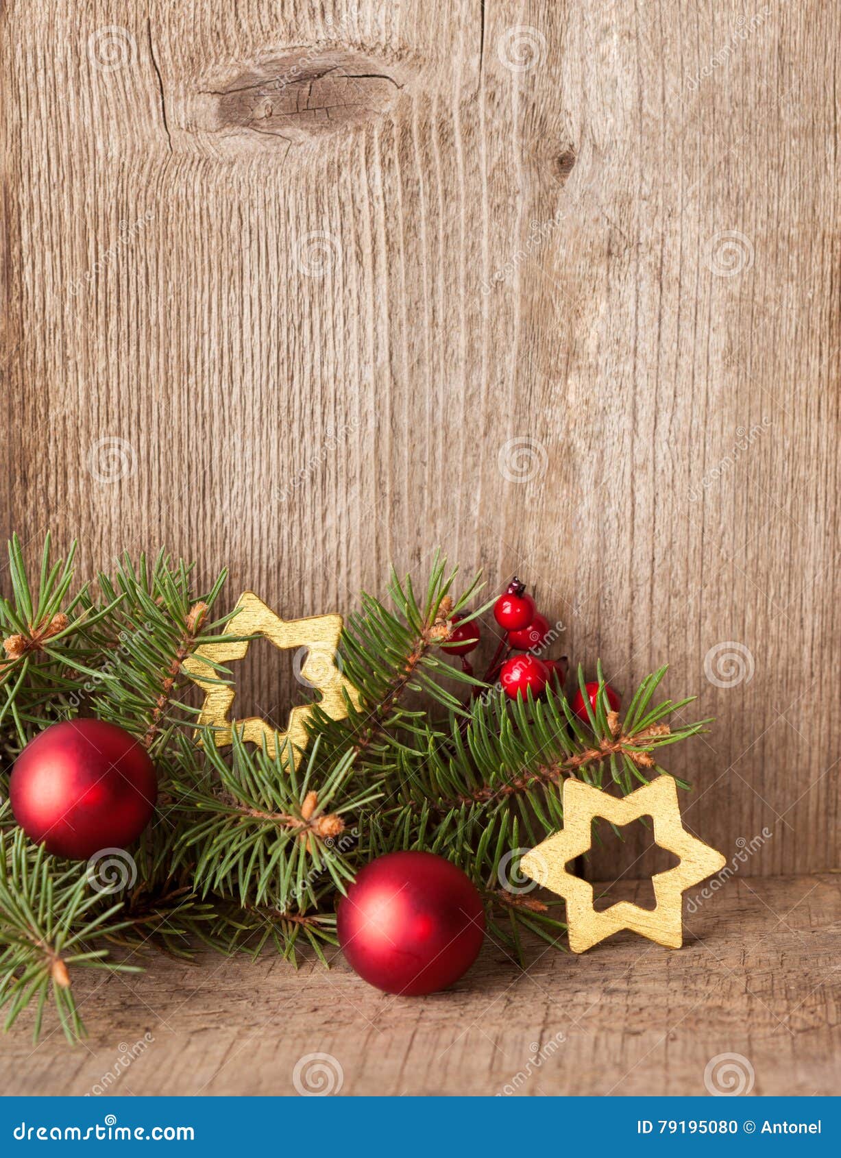 Fir Branch with Christmas Decorations on Rustic Wooden Background Stock ...