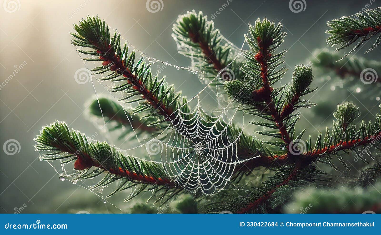 fir needles with a spider web covered in dew, set against a misty background