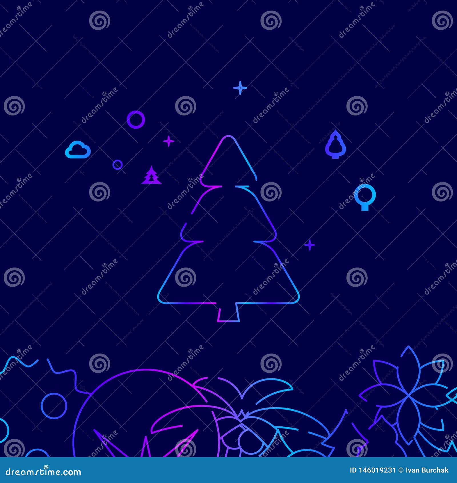 fir tree, conifer tree  line icon,  on a dark blue background. related bottom border