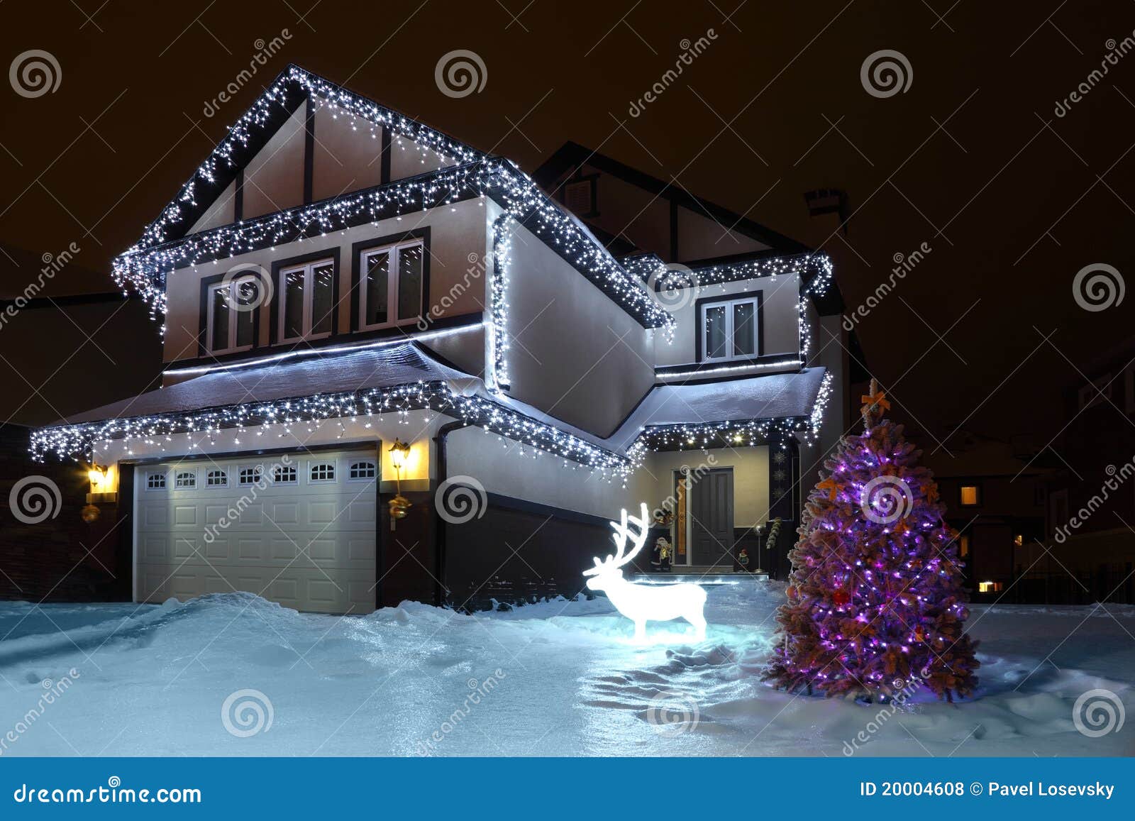 Firtree is Decorated Festoons Stand Near House Stock Photo Image of highlighting, decorated