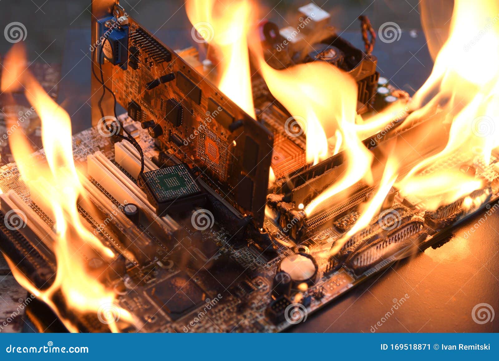 Fire Burning ,blazing Computer Motherboard, Cpu,gpu and Video Card