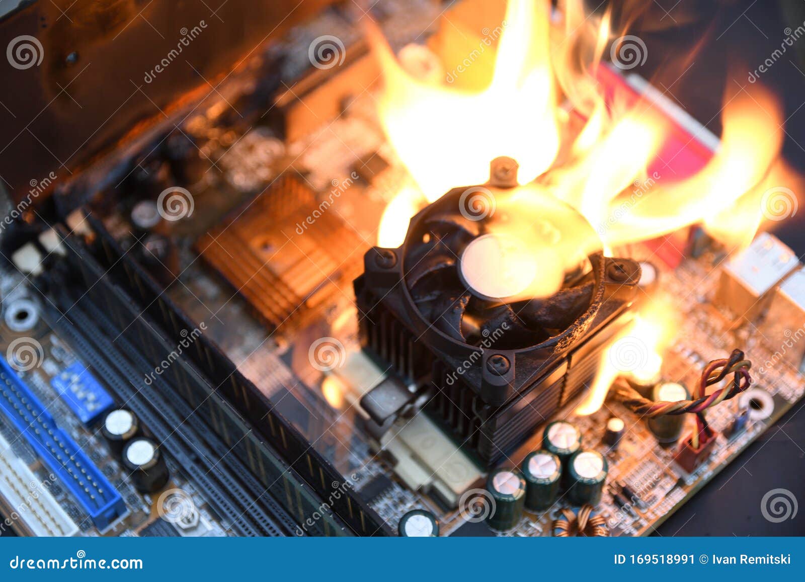 Fire Burning ,blazing Computer Motherboard, Cpu,gpu and Video Card