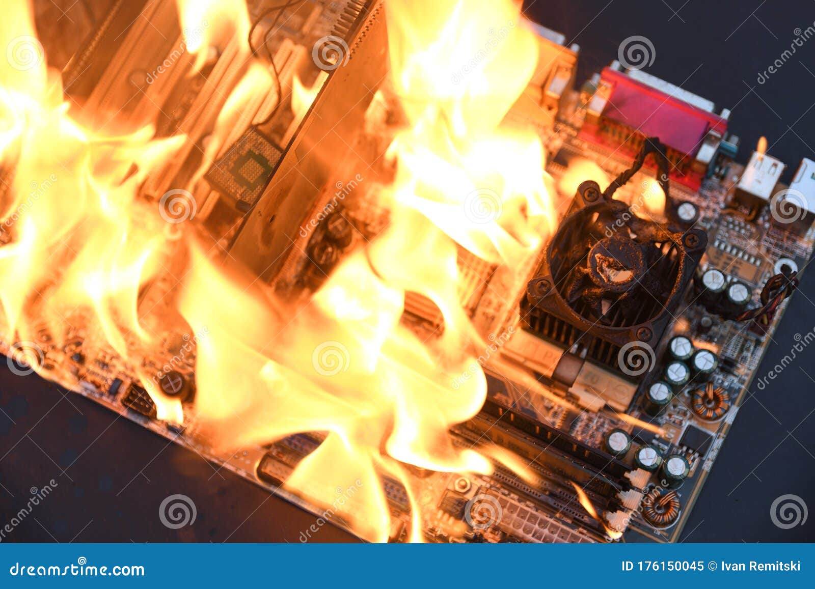 Fire Burning ,blazing Computer Motherboard, Cpu,gpu and Video Card