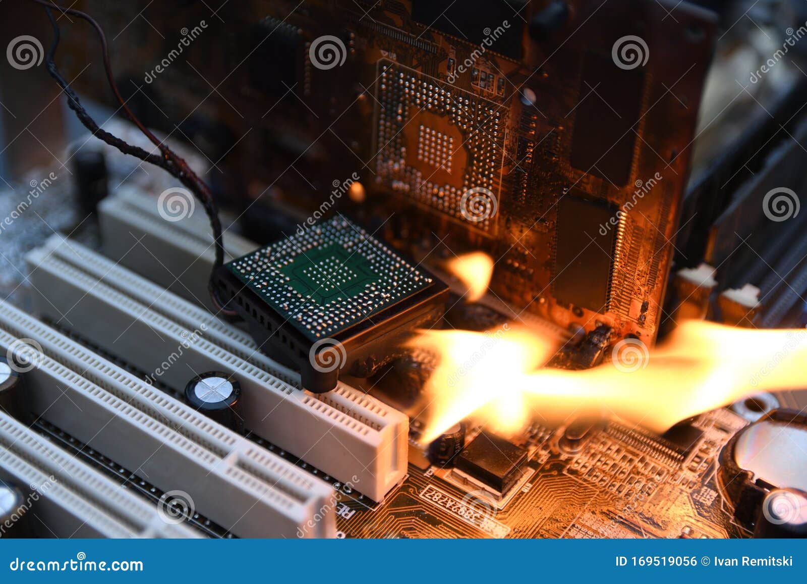 Fire Burning ,blazing Computer Motherboard, Cpu,gpu and Video Card