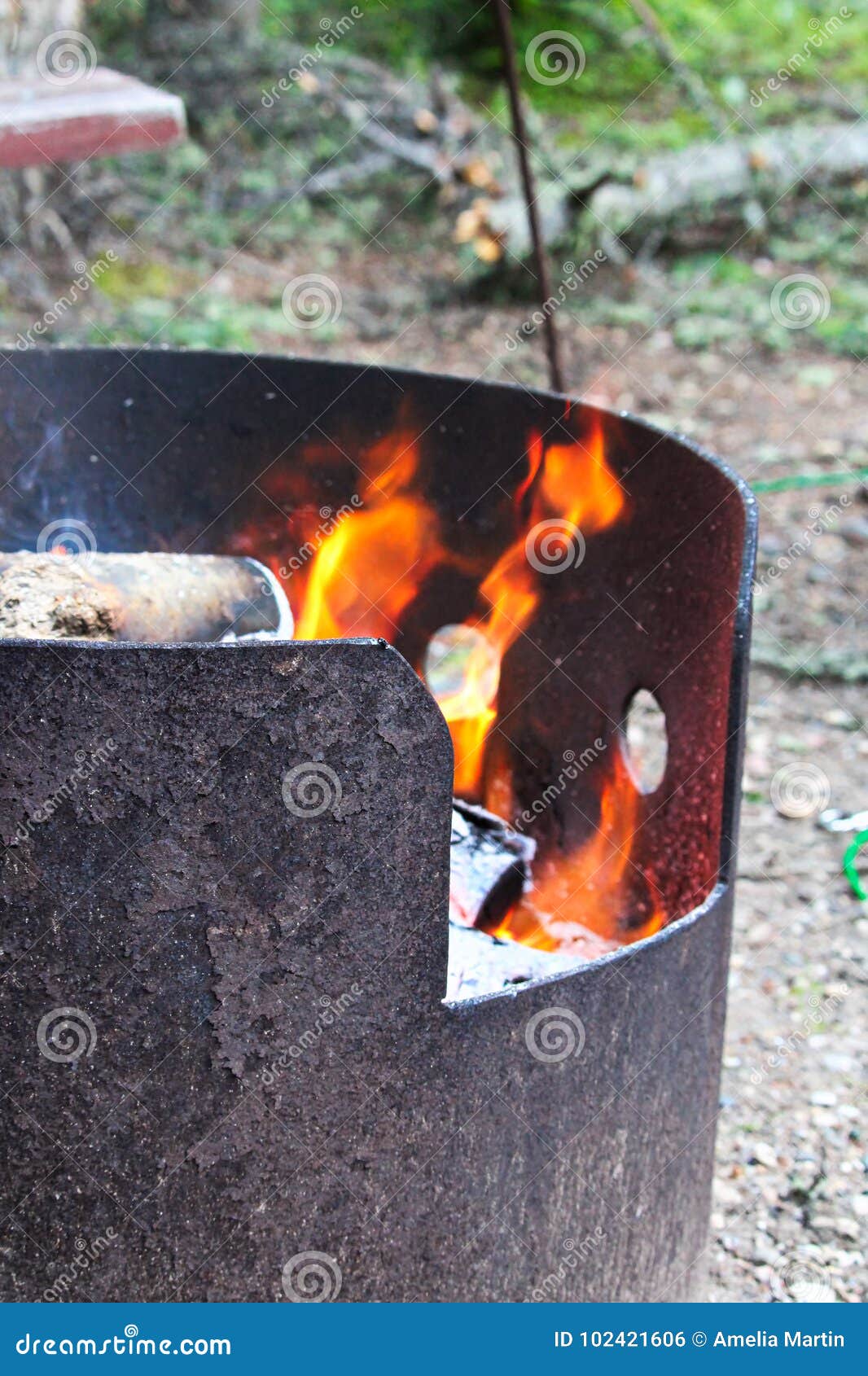 A Fire Burning in a Metal Fire Ring Stock Photo Image of closeup