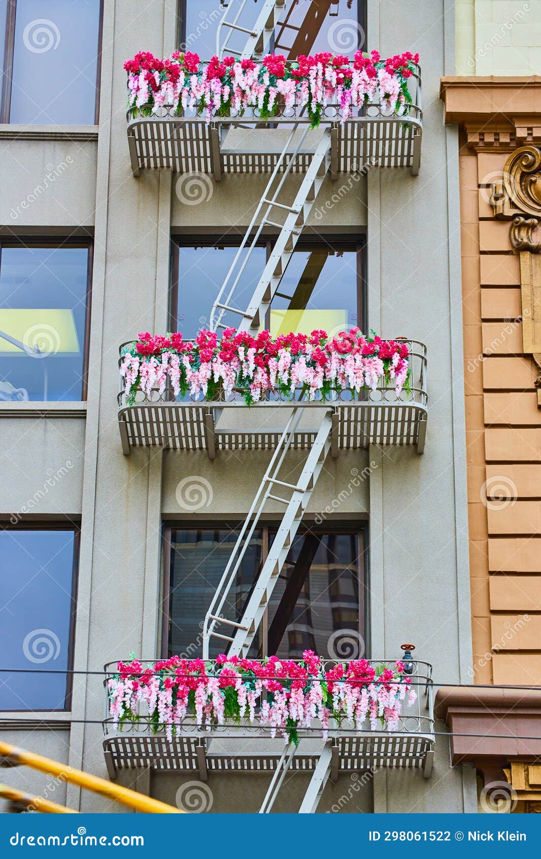 Fire Escape Ladders with Pretty Pink Flowers Decorating Emergency Exit