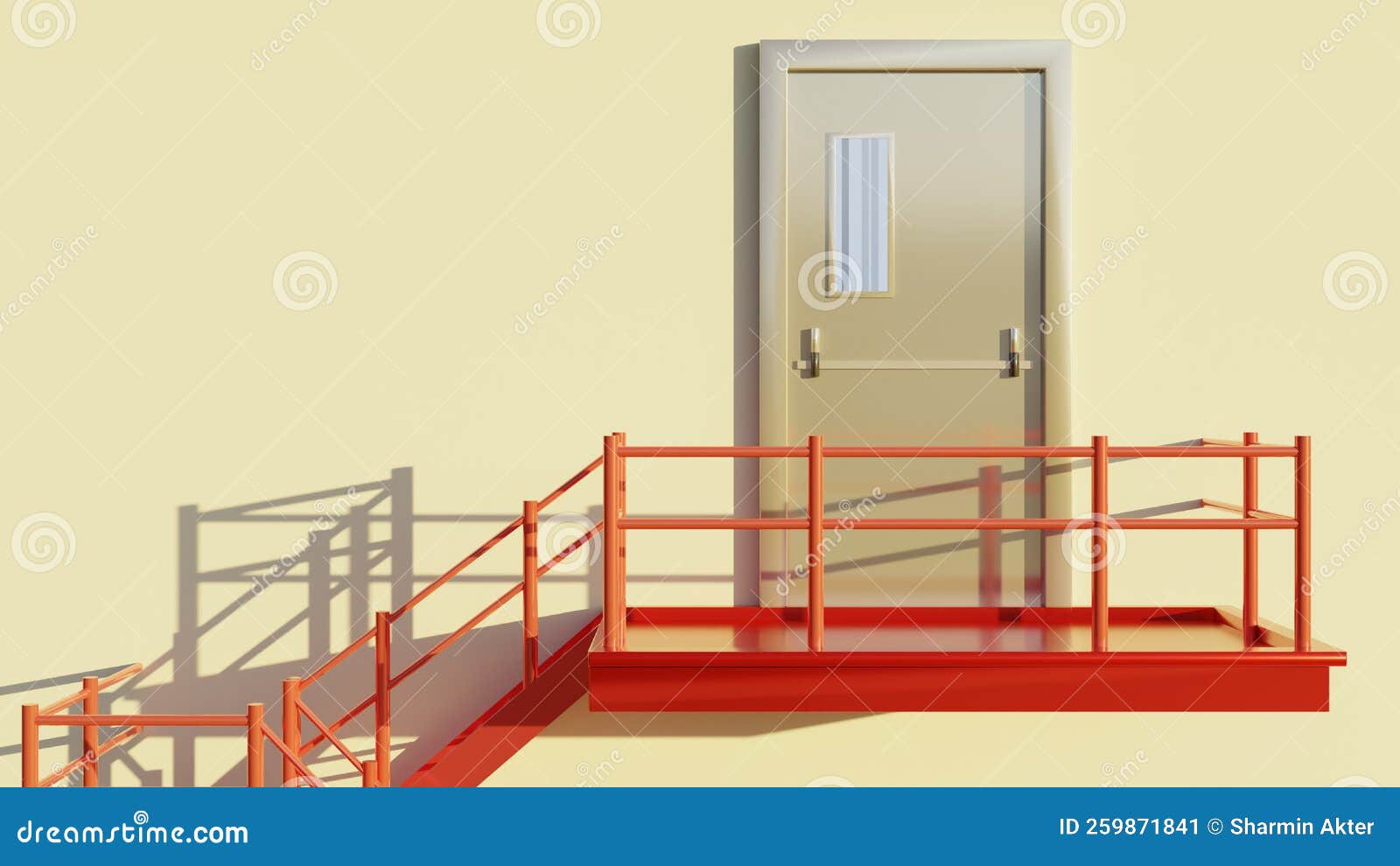 Fire Escape Staircase and Door Exterior 3D Render Stock Illustration
