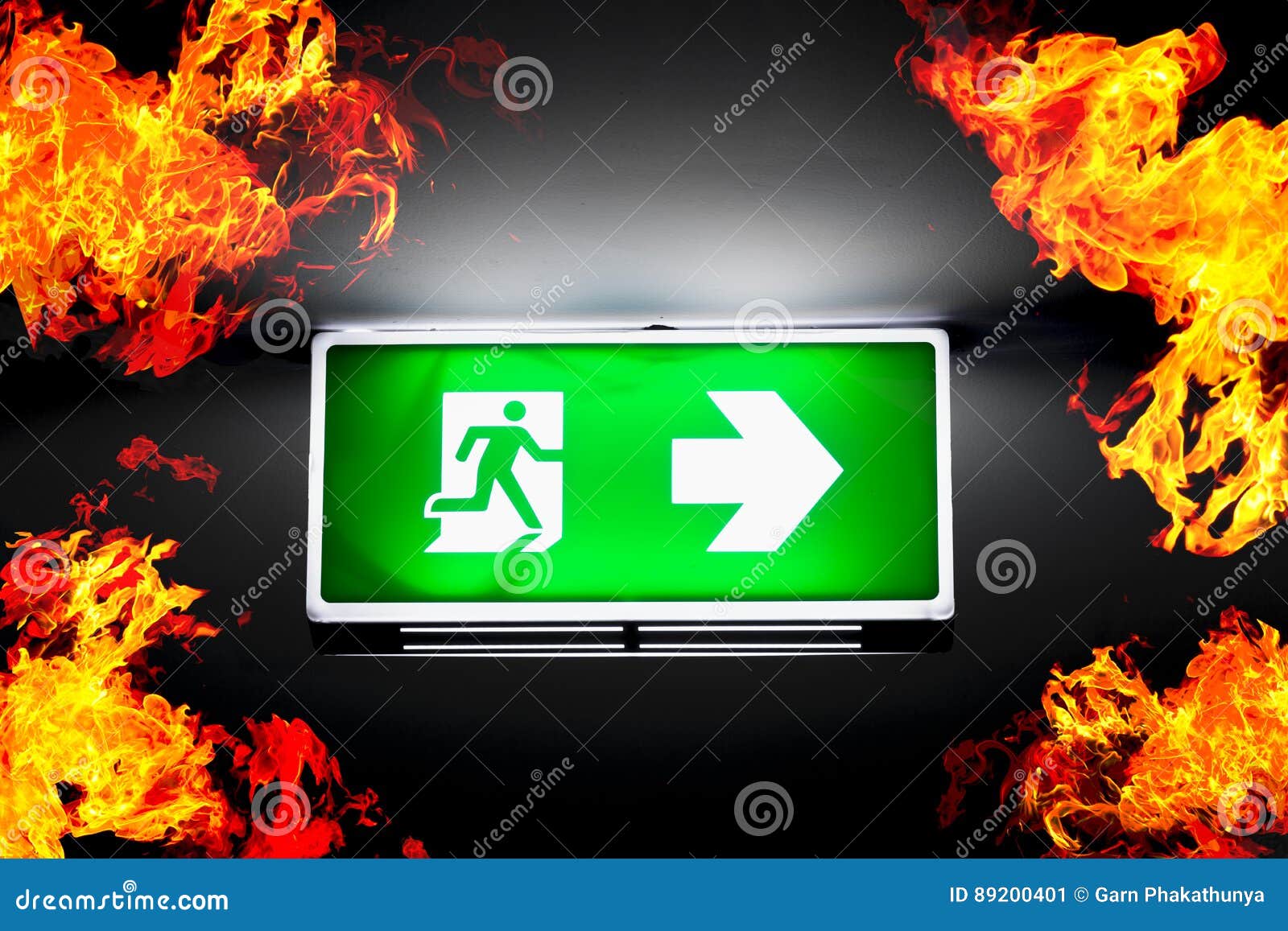 fire exits in car park area and frame of fire burn.