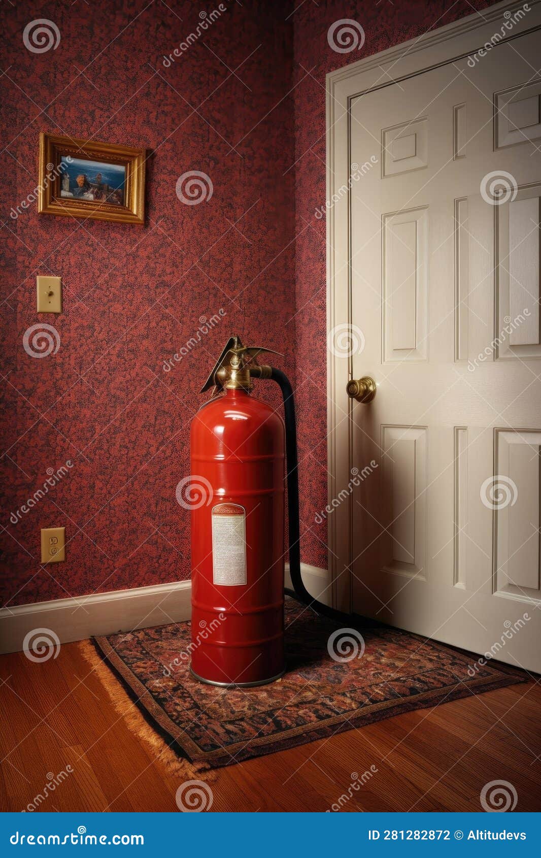 Fire Extinguisher Near Insurance Policy for Fire Coverage Stock Photo
