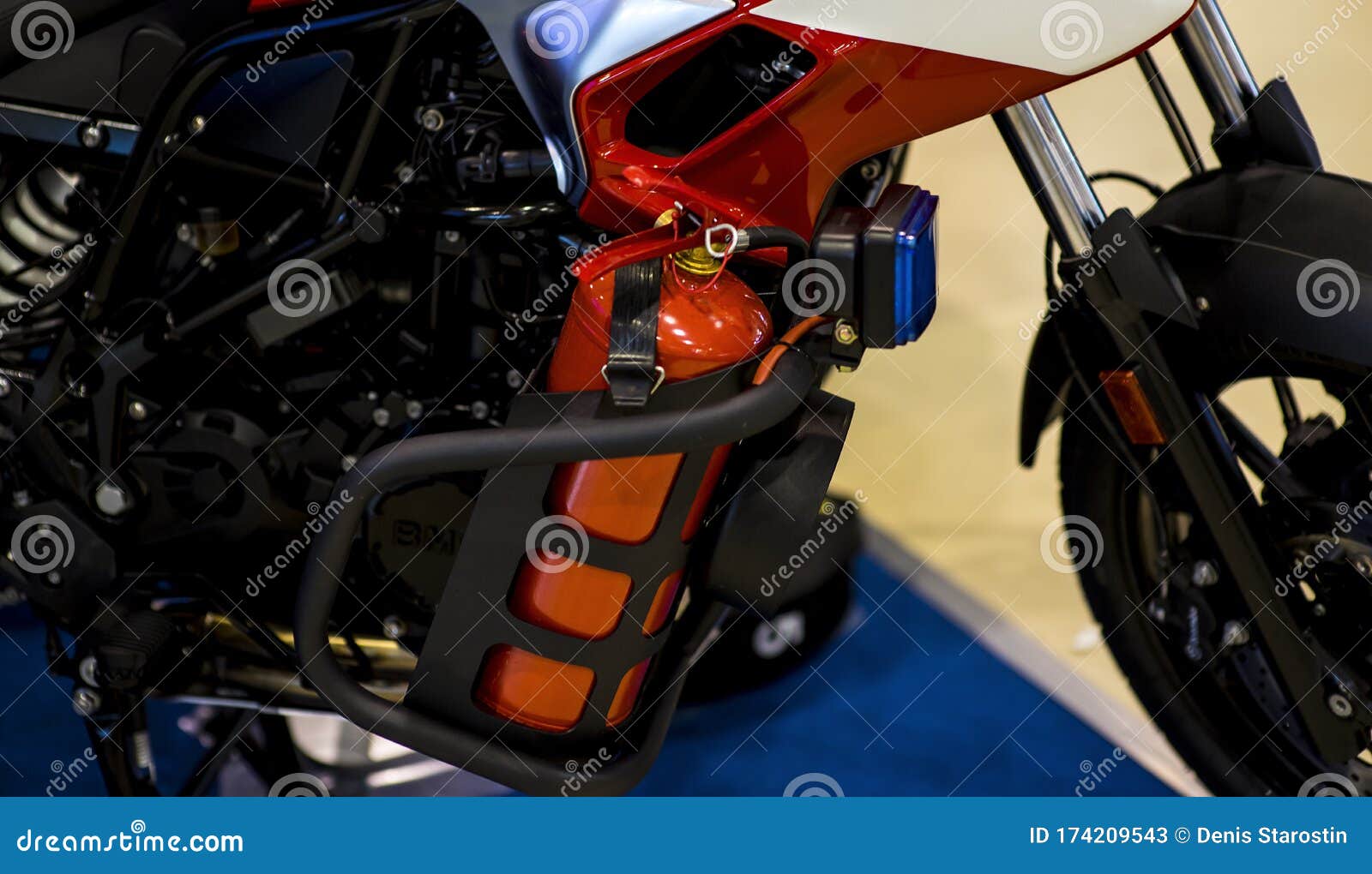 Fire Extinguisher on a Special Motorcycle To Extinguish the Fire. Close