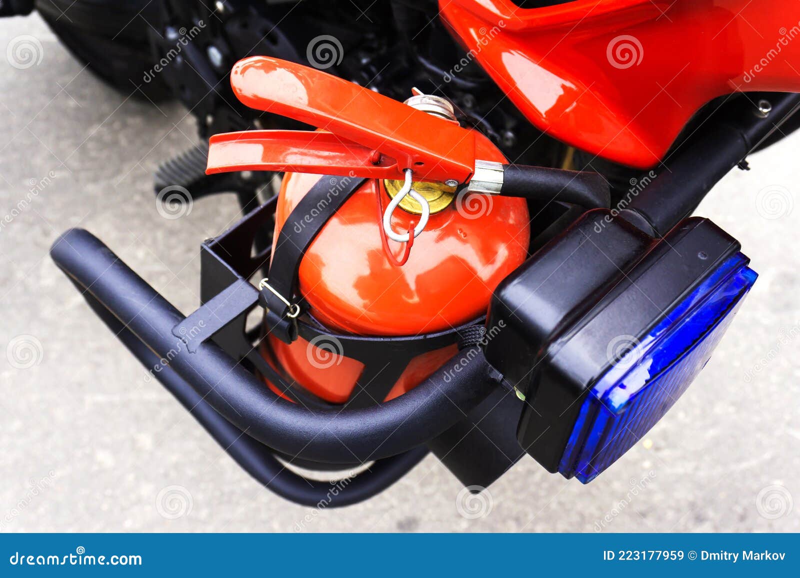 Fire Extinguisher on a Special Motorcycle To Extinguish the Fire. Closeup Stock Image Image