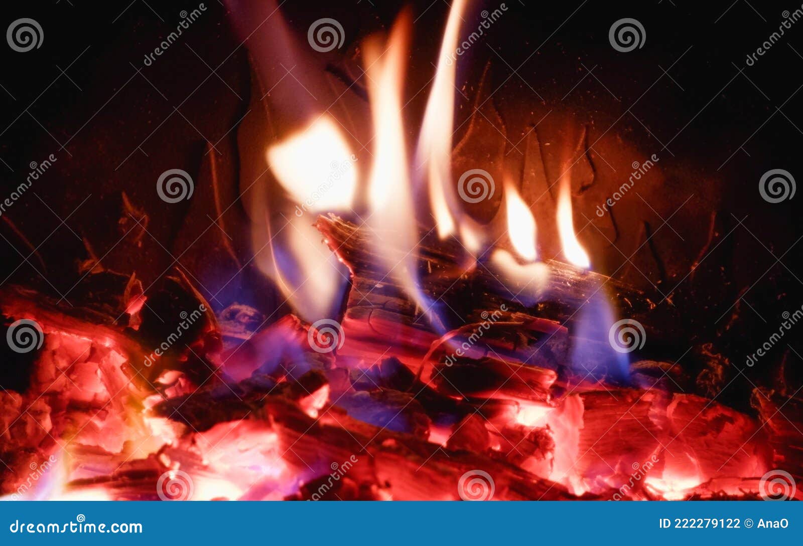 Fire in the Fireplace with Glass Closeup. Firewood is Burning in the