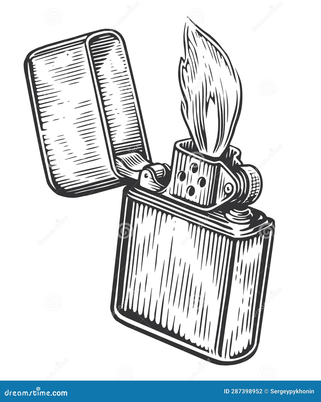 Fire Flame and Lighter Burns with the Lid Open. Burning Cigarette Lighter.  Sketch Vintage Vector Illustration Stock Vector - Illustration of metal,  burn: 287398952