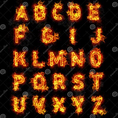 Fire Font Text All Letters of Alphabet on Black Background Stock ...