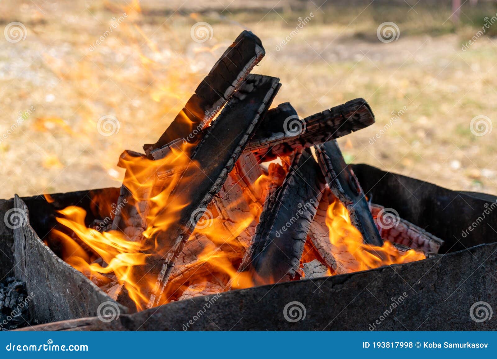 The Fire in the Grill, Burning Coals, Firewood Burn Stock Photo Image