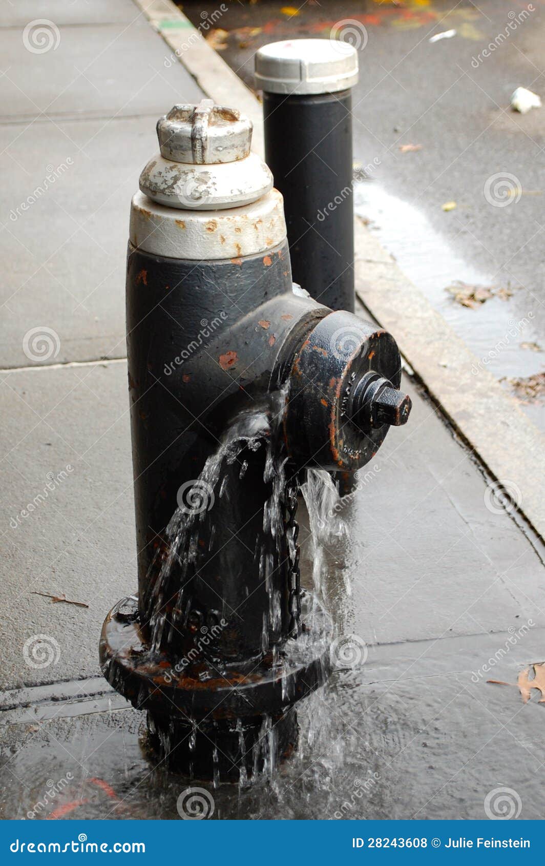Leaking Fire Hydrant Spraying Water Being Closed With Wrench Royalty