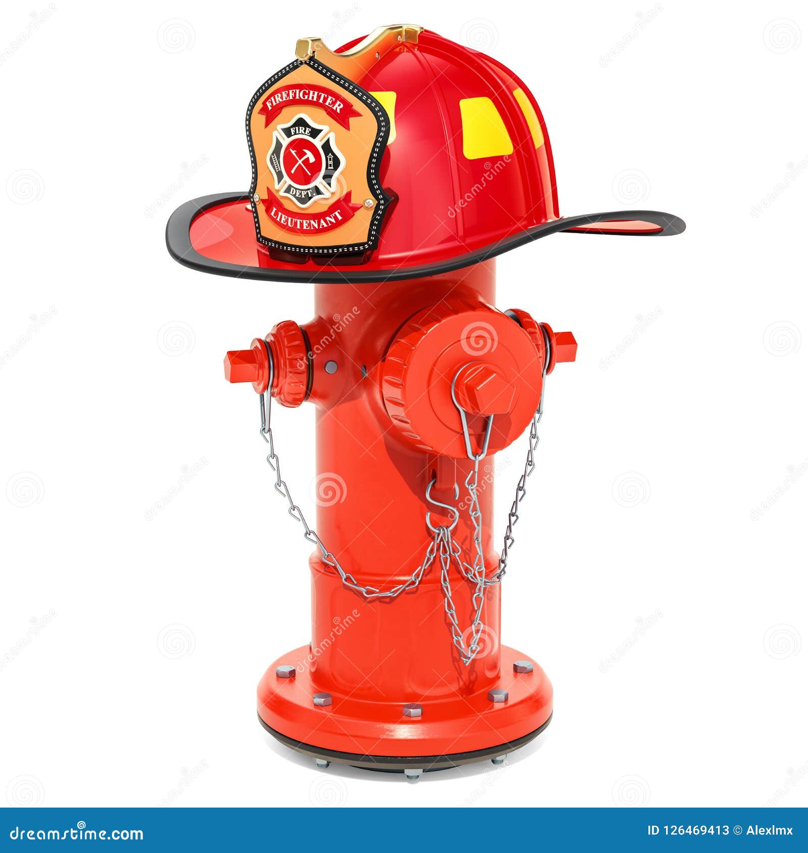Fire Hydrant with Firefighter Helmet, 3D Rendering Stock Illustration