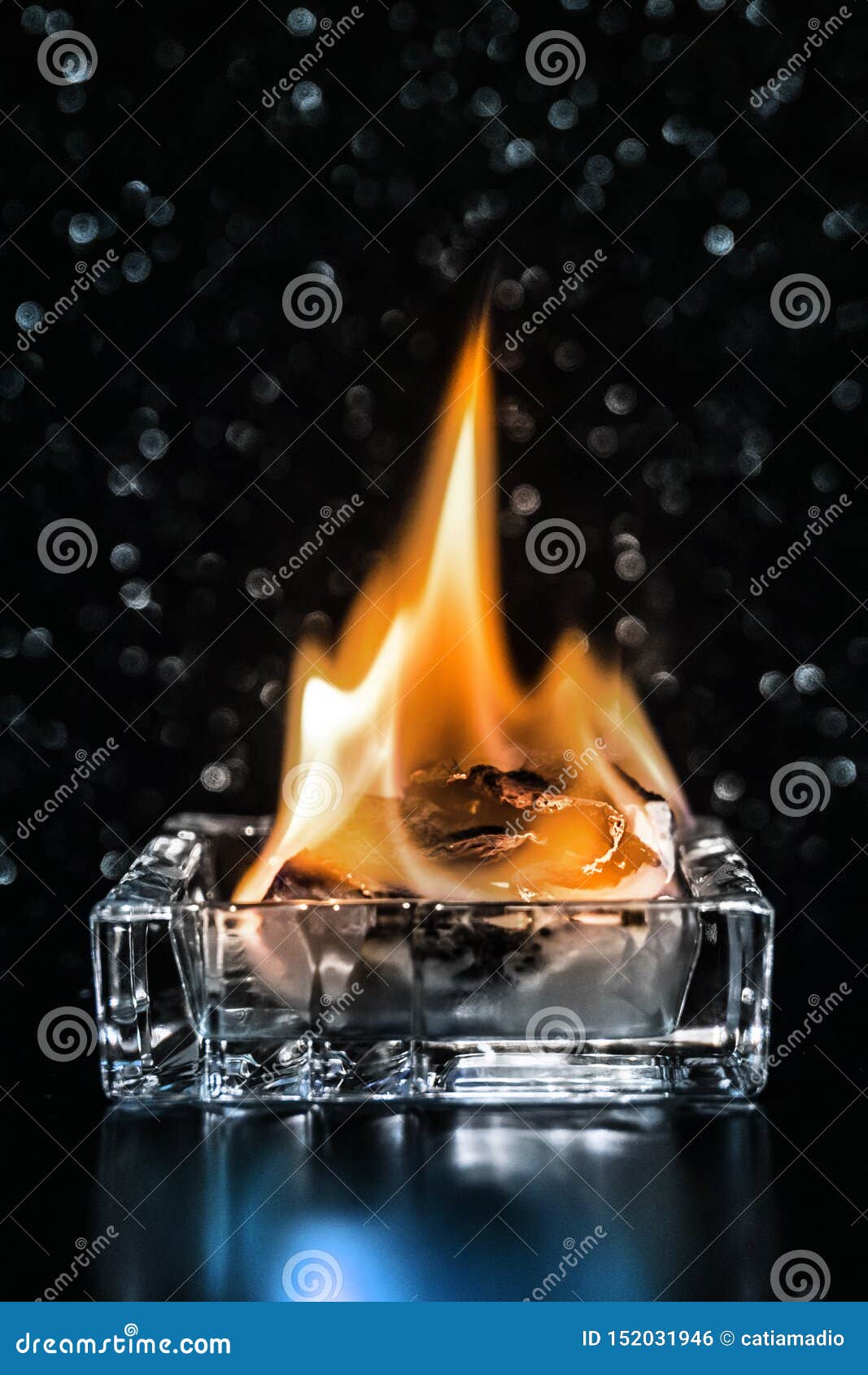 Fire Inside Square Glass Ashtray in the Dark Stock Photo Image of