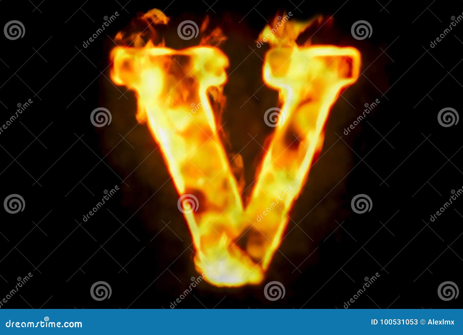 Fire Letter V of Burning Flame Light, 3D Rendering Stock ...