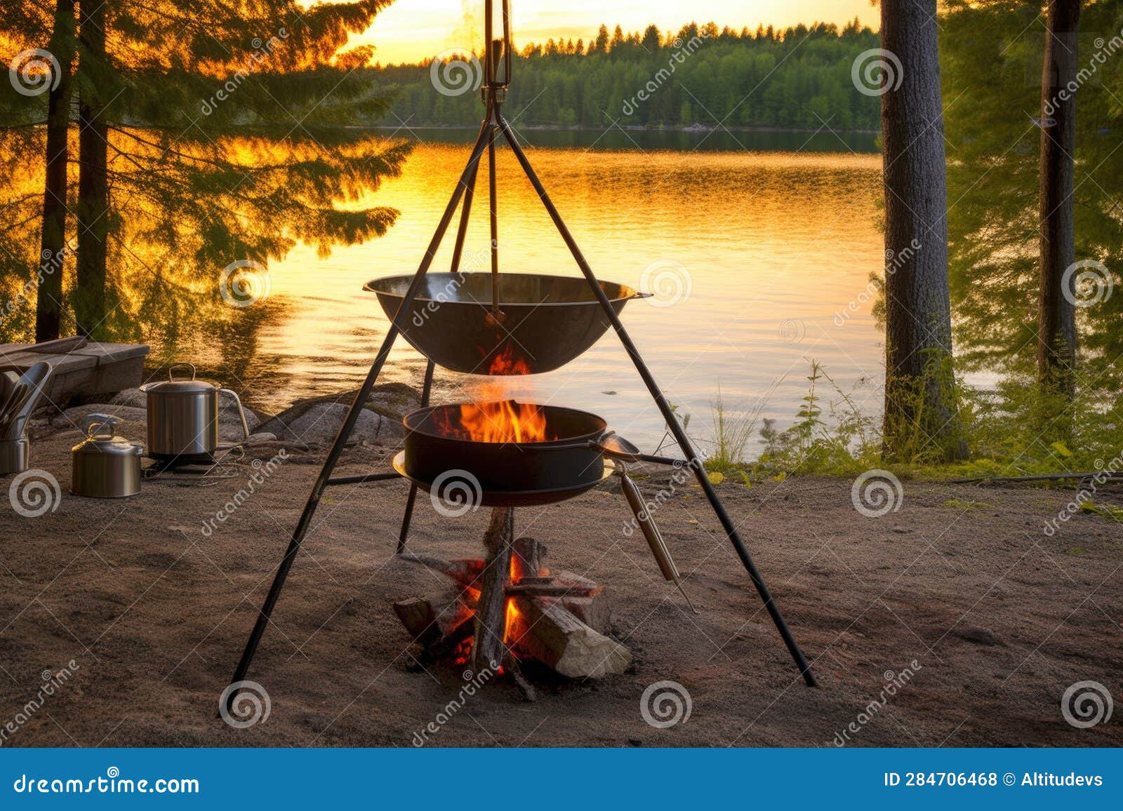 Fire Pit with Tripod Holding a Kettle for Boiling Water Stock Photo