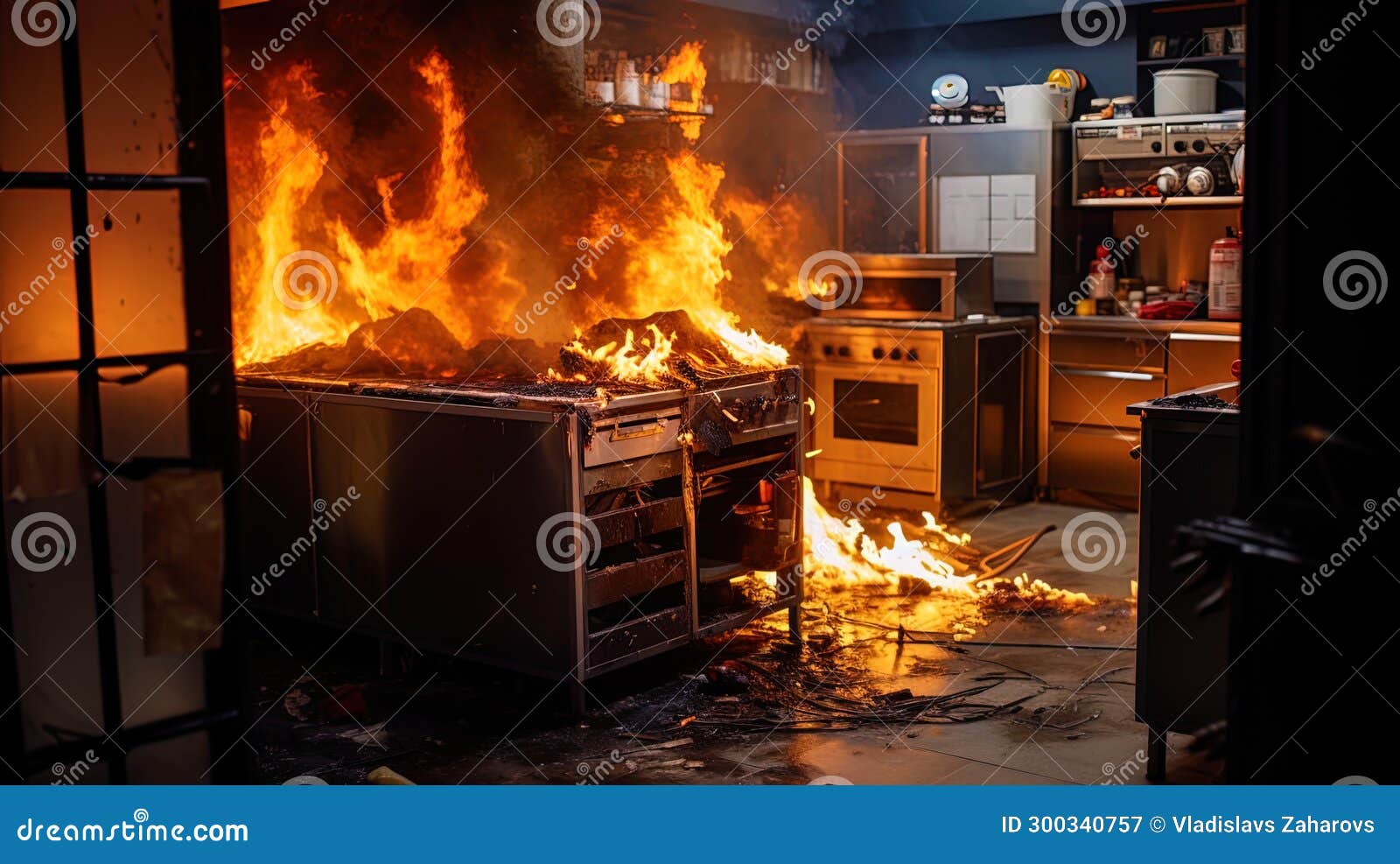 A Fire in a Restaurant, a Burned Refrigerator in the Kitchen Stock Illustration Illustration