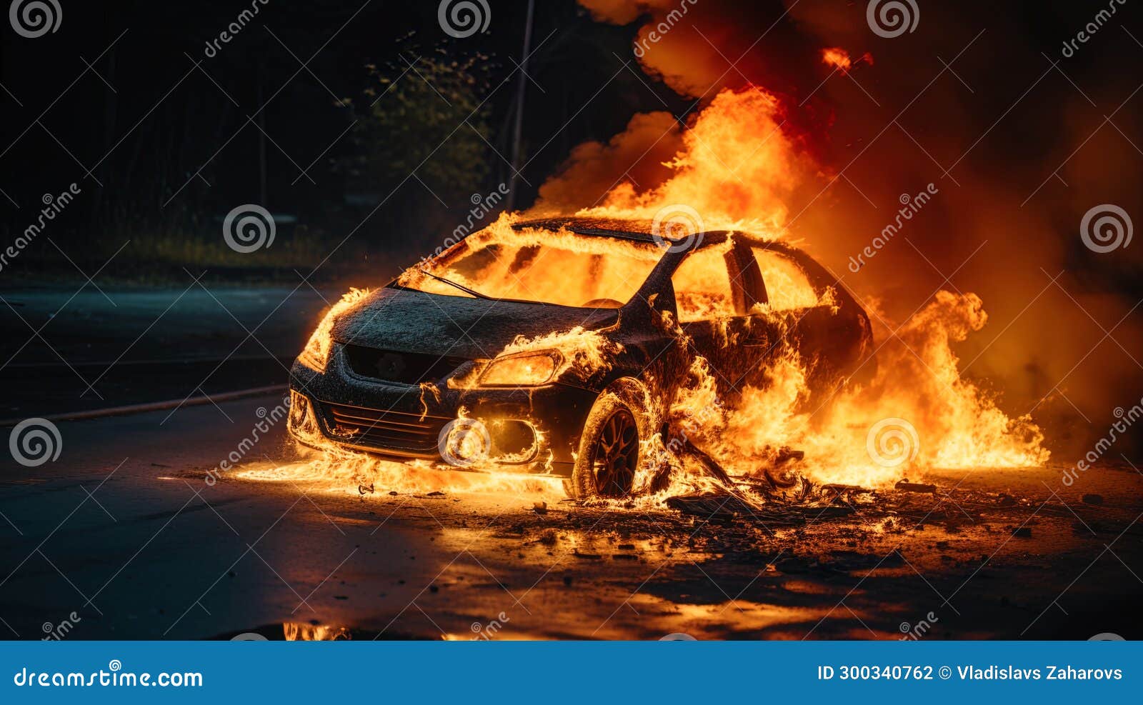 A Fire on the Road Where the Car Burns in an Accident Stock Illustration Illustration of blaze