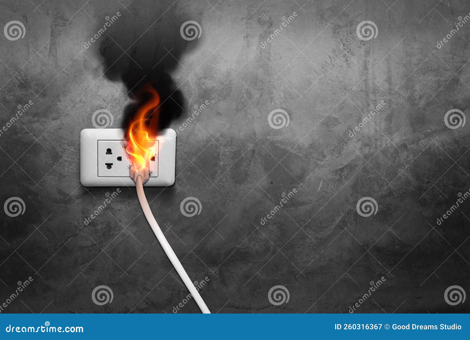 Fire and Smoke on Electric Wire Plug in an Indoor, Electric Short