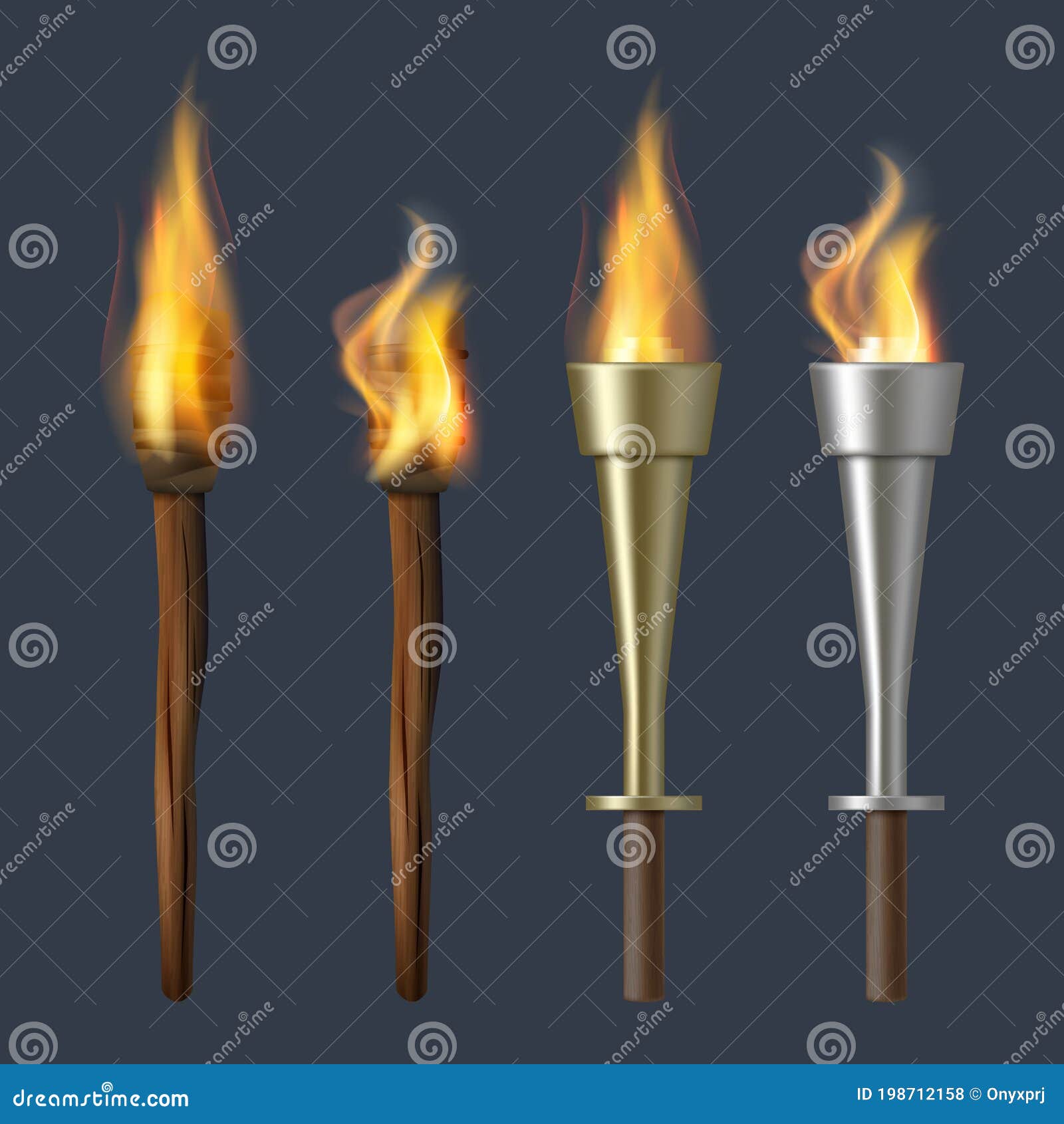 Fire Torch. Realistic Flame Torches Olympic Bonfire Vector