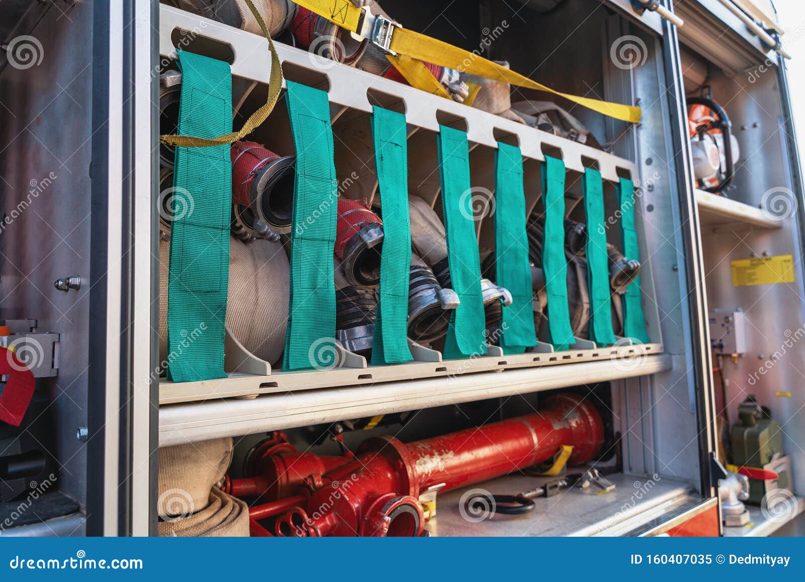 Fire Truck Close Up. Equipment Packed Inside Fire Engine Stock Image