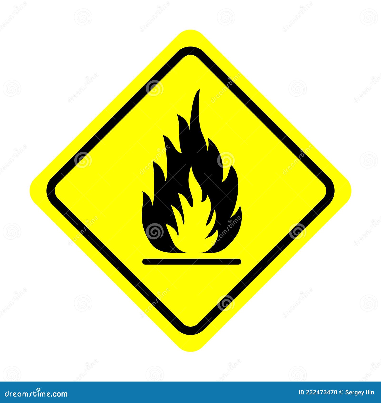 fire warning sign in yellow triangle. flammable, inflammable substances.  