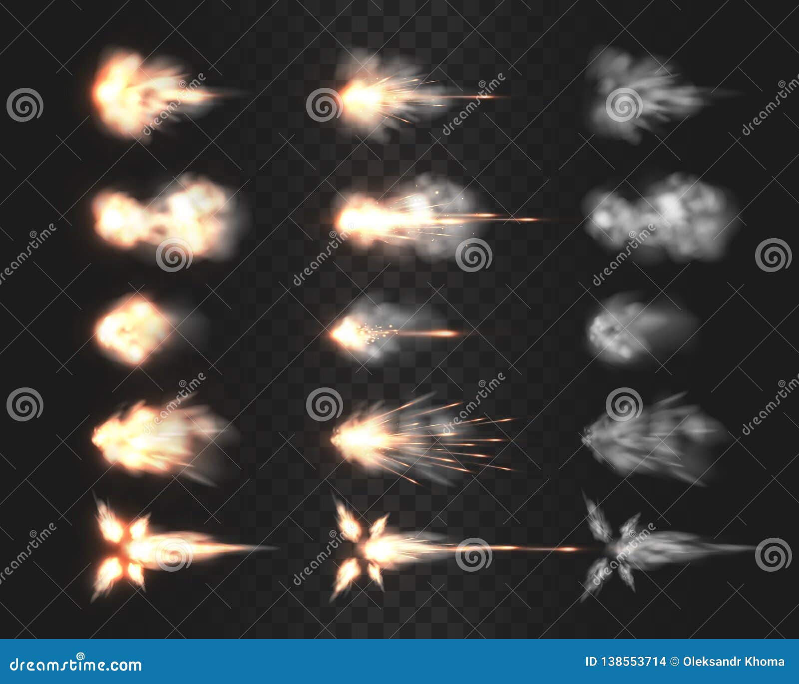 firearm muzzle flash special effects  on transparency grid, various smoke cloud after gun being fired