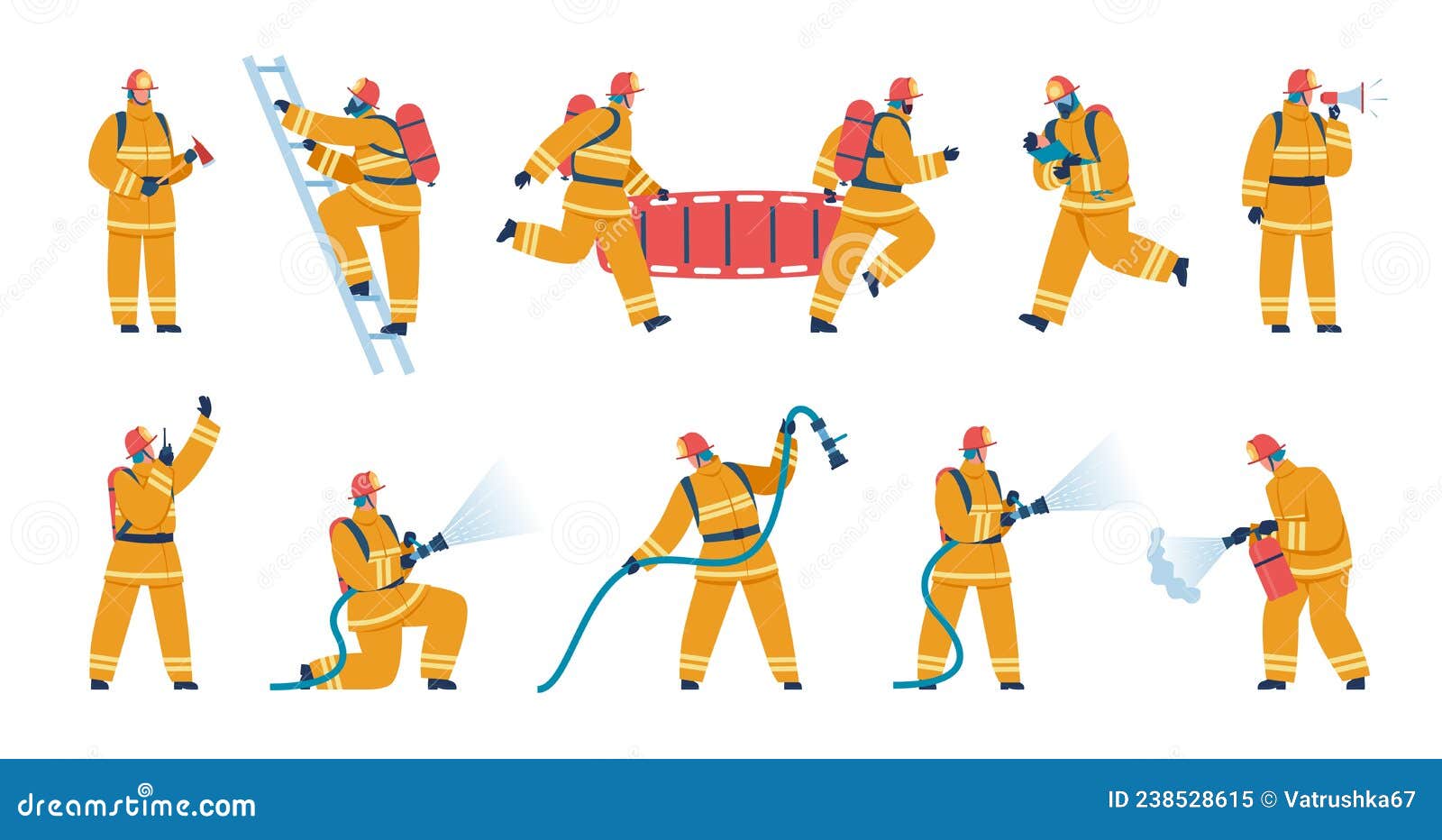 Firefighter Characters in Uniform, Firemen with Firefighting Equipment