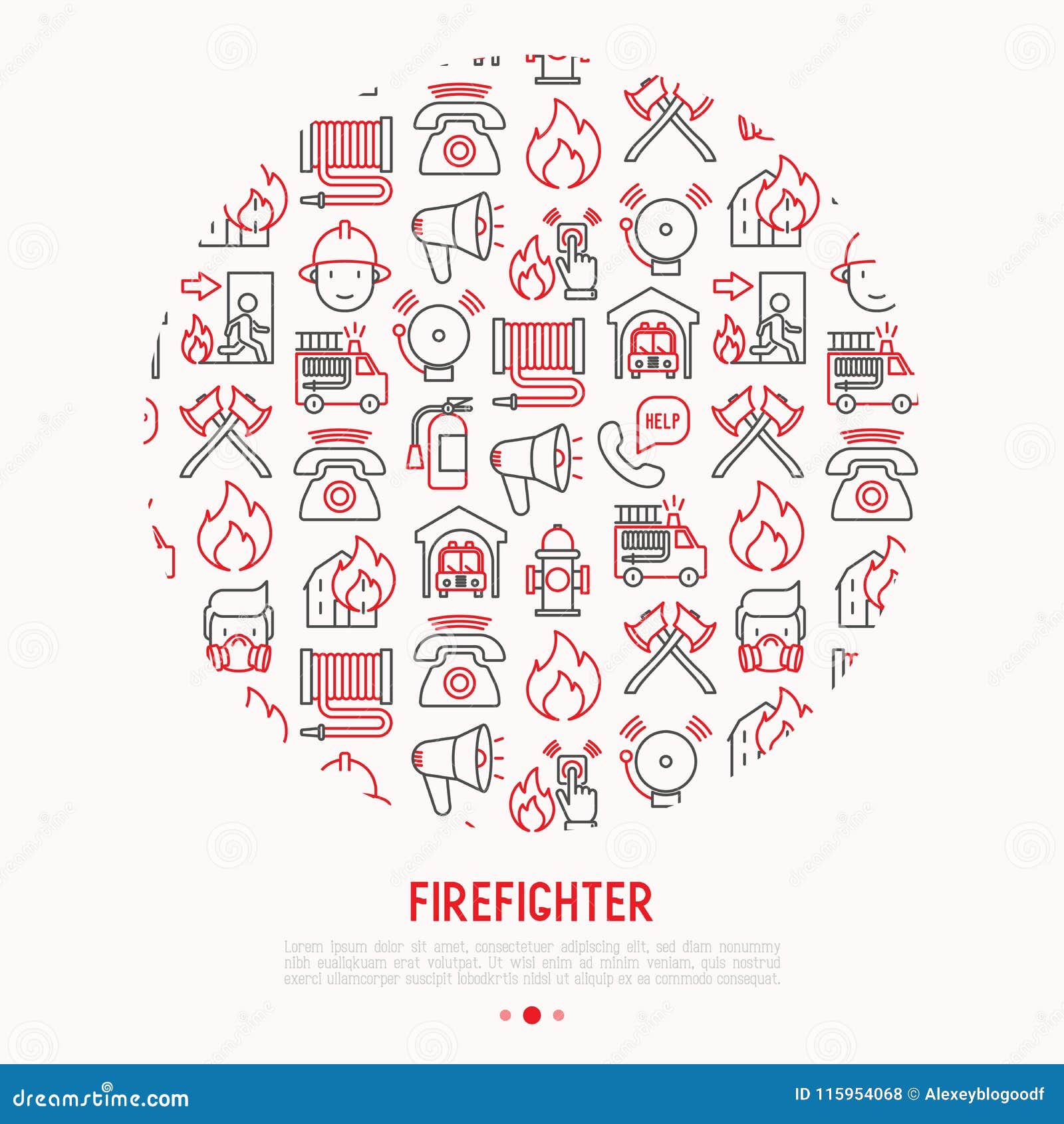 firefighter concept in circle with thin line icons