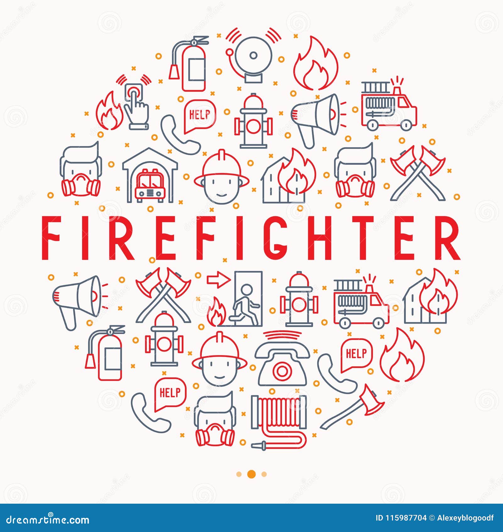 firefighter concept in circle with thin line icons