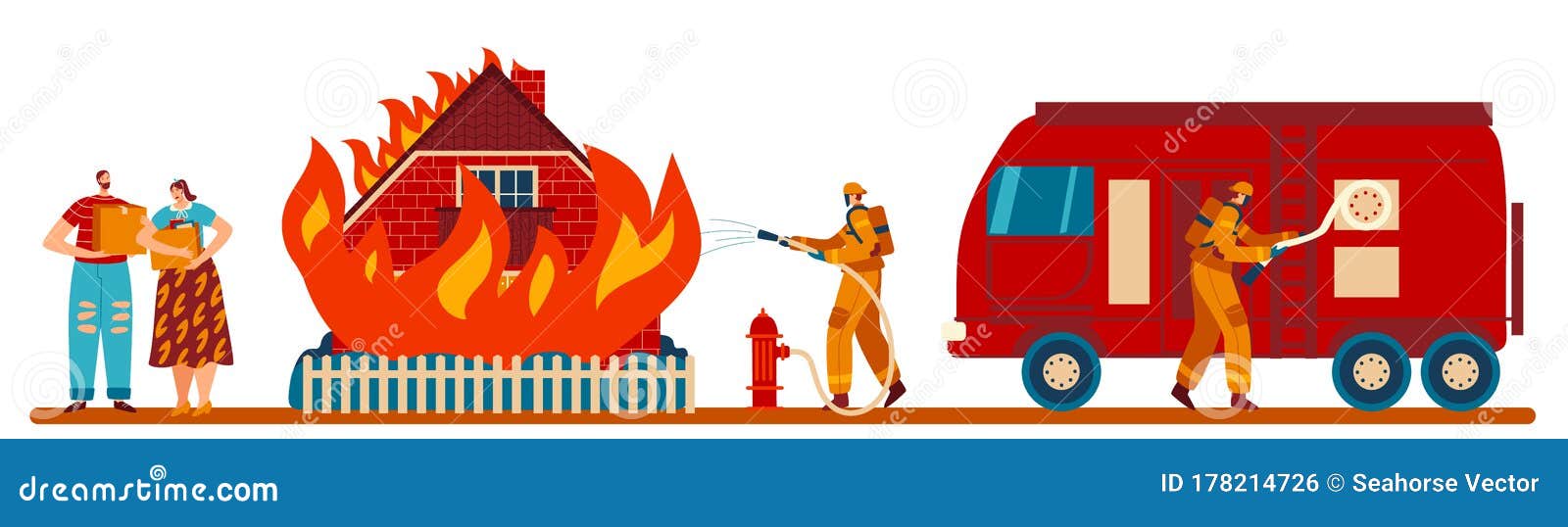 Firefighter Extinguish Fire in Burning House, People Accident Victims,  Vector Illustration Stock Vector - Illustration of character, hydrant:  178214726