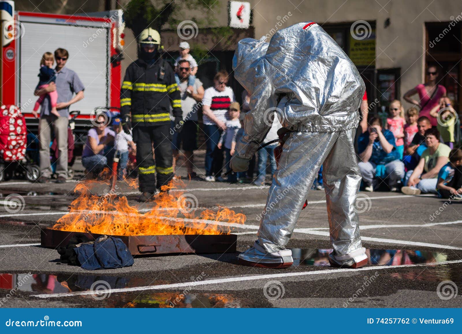 Firefighter Extinguish Fire During A Training Exercise Editorial 