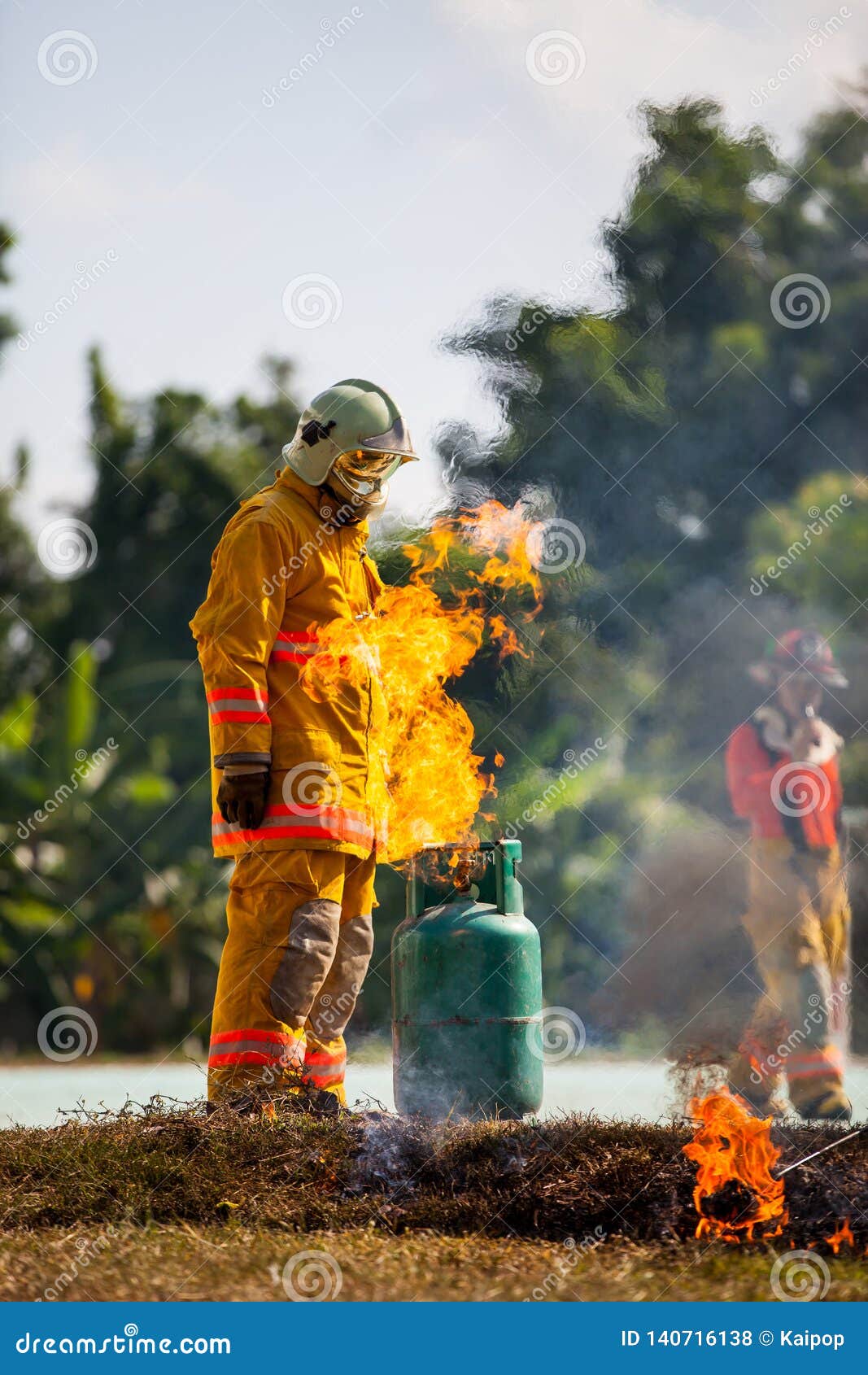 Firefighter with Fire and Suit for Protect Fire Fighter for Training