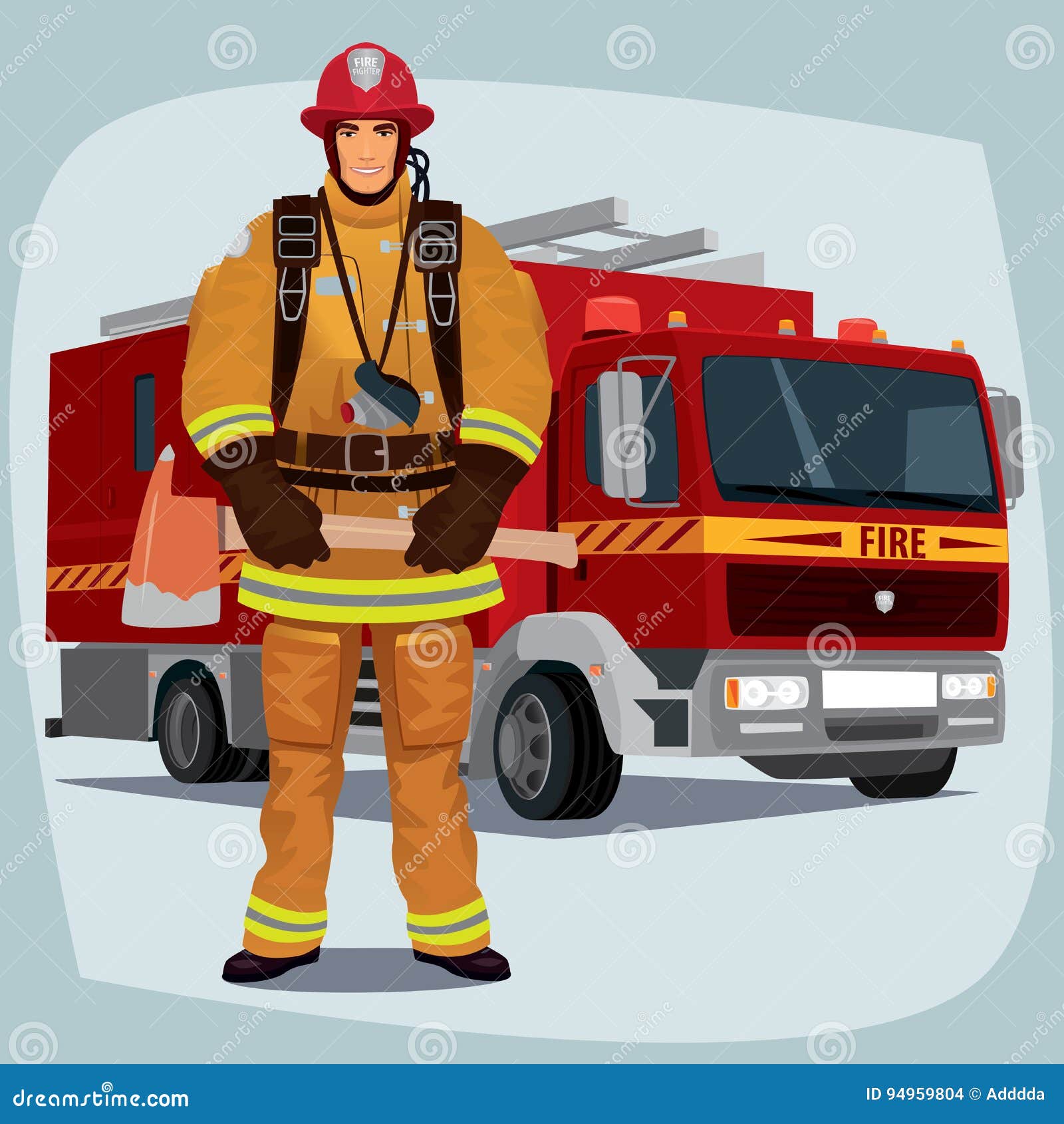  Firefighter  Or Fireman  With Fire  Truck  Stock Vector 