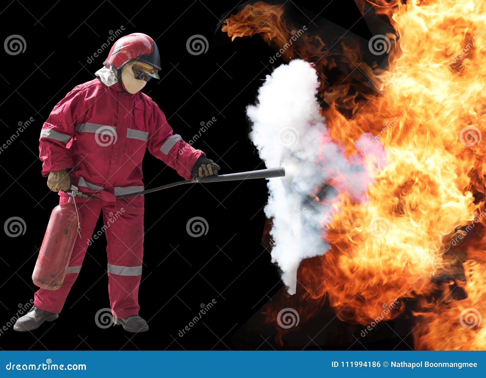 Firefighter With Mask And Fully Protective Suit On Fire Backgrou Stock