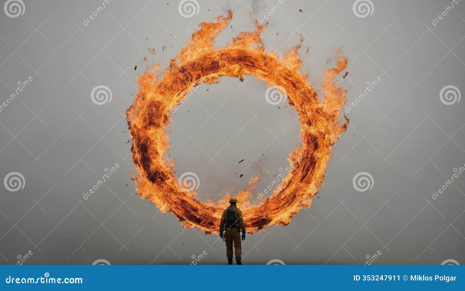 firefighter performing a daring stunt with a ring of flames in a controlled setting during the day