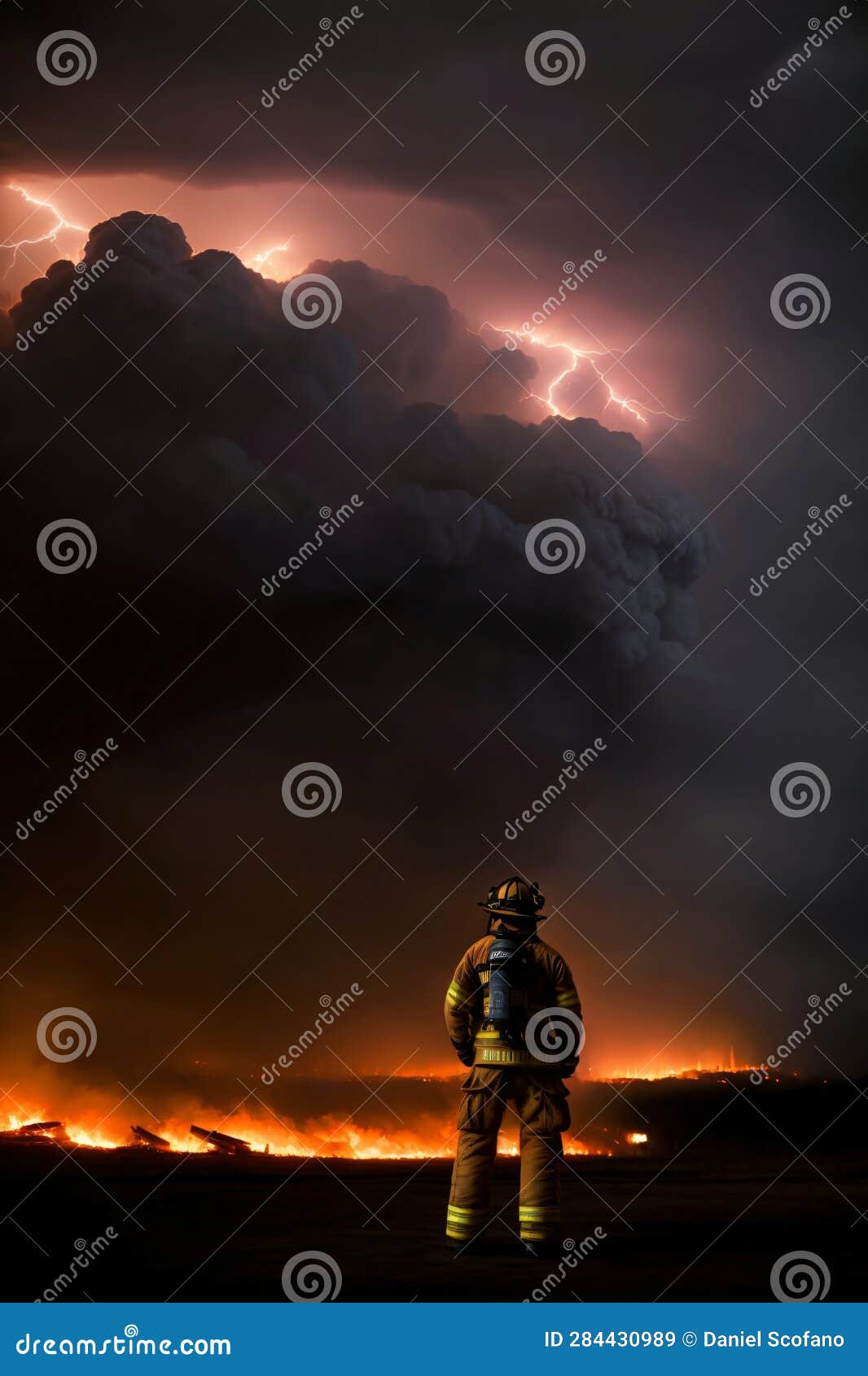 A Firefighter Standing in Front of a Large Cloud of Lightning. Generative AI Stock Illustration