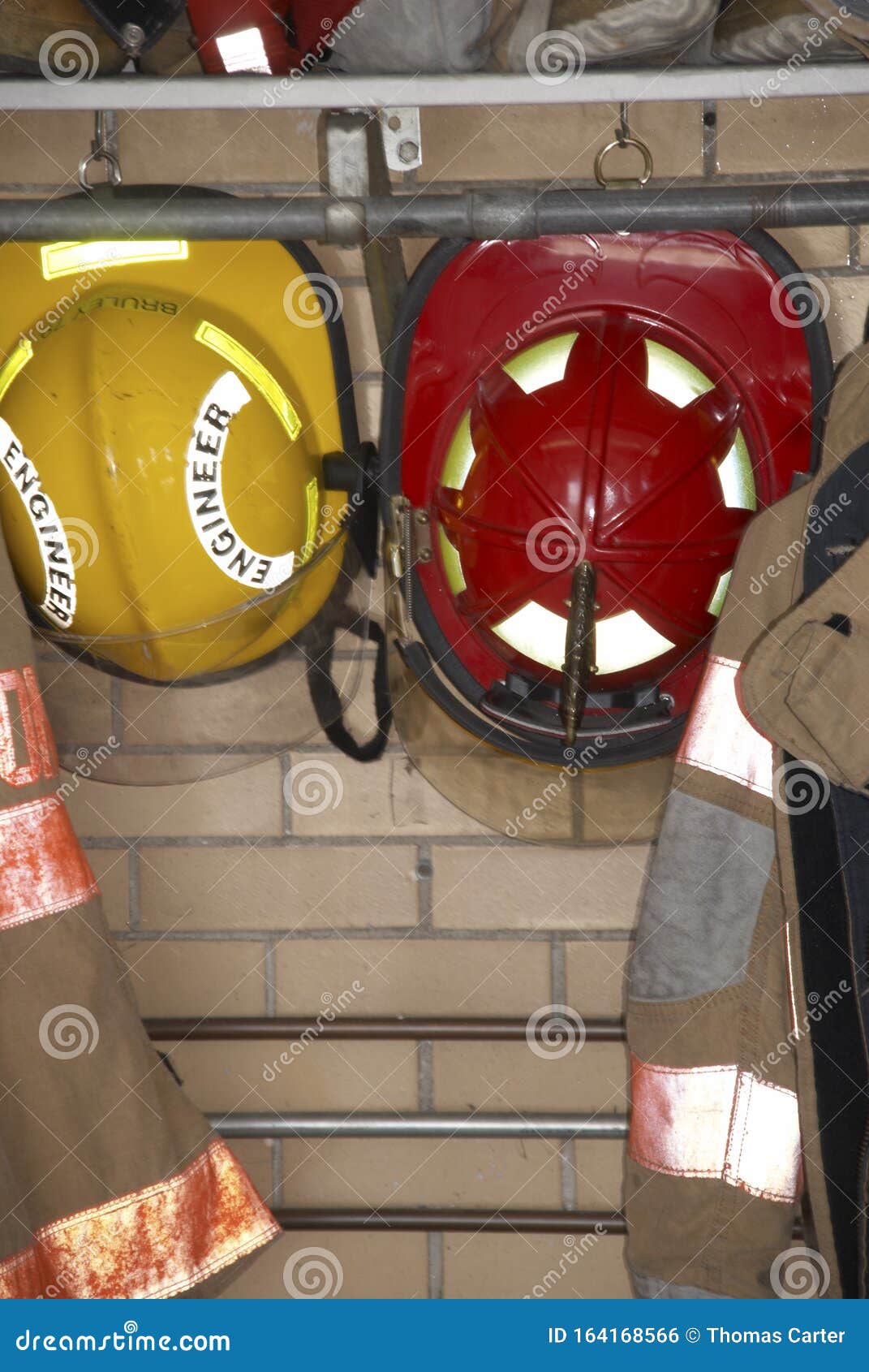 Firefighters Gear Hanging at the Ready in the Firehouse Stock Photo Image of firefighters