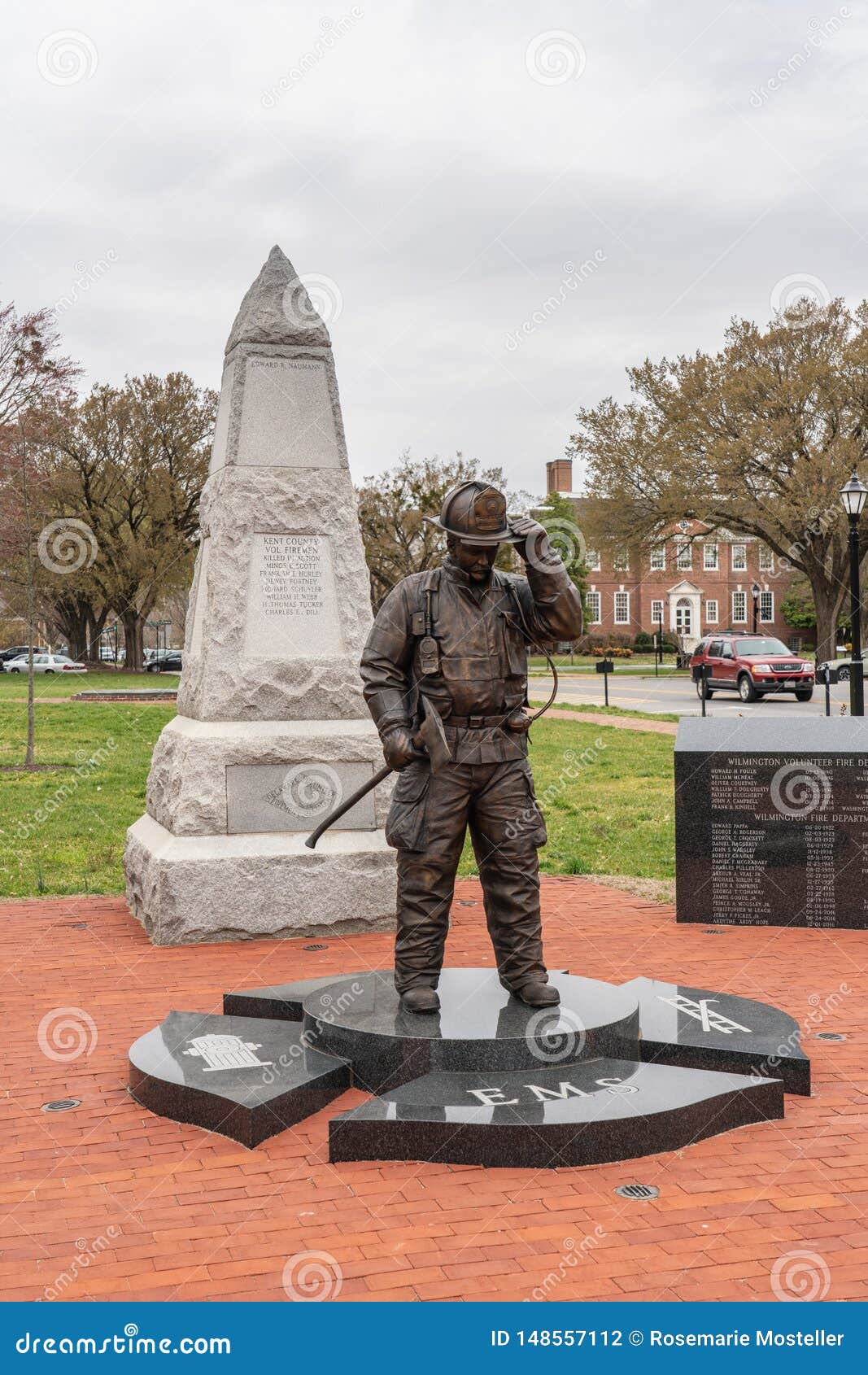 The Firefighters Memorial Includes a Bronze Figure of a Fireman